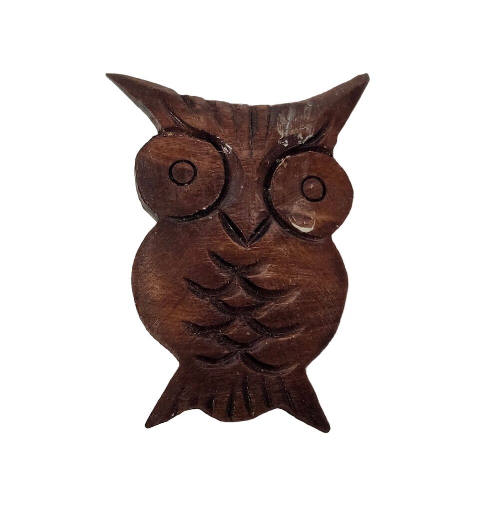 Vintage Hand Carved Wooden Owl Brooch Pin Brown Animal Folk Art Jewelry